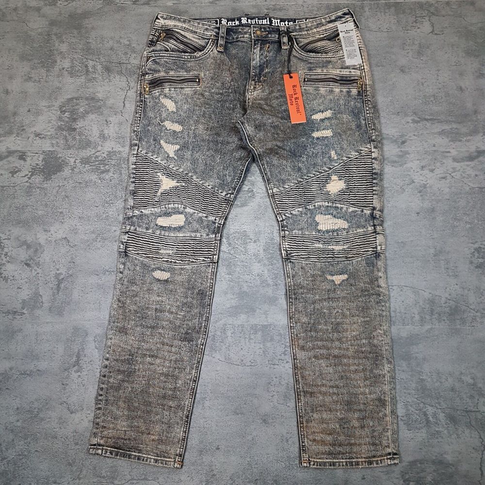 ROCK REVIVAL Elliot Moto Biker Distressed Denim Jeans Mens‎ Size 38x32